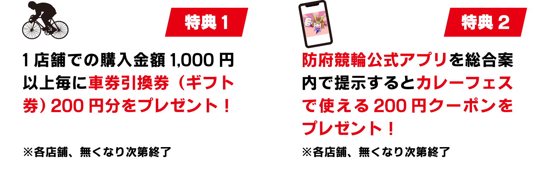 特典1 1店舗での購入金額1,000円以上毎に車券引換券（ギフト券）200円分をプレゼント！ ※各店舗、無くなり次第終了。 特典2 防府競輪公式アプリを総合案内で提示するとカレーフェスで使える200円クーポンをプレゼント！ ※各店舗、無くなり次第終了