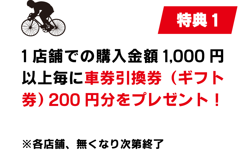 特典1 1店舗での購入金額1,000円以上毎に車券引換券（ギフト券）200円分をプレゼント！ ※各店舗、無くなり次第終了。